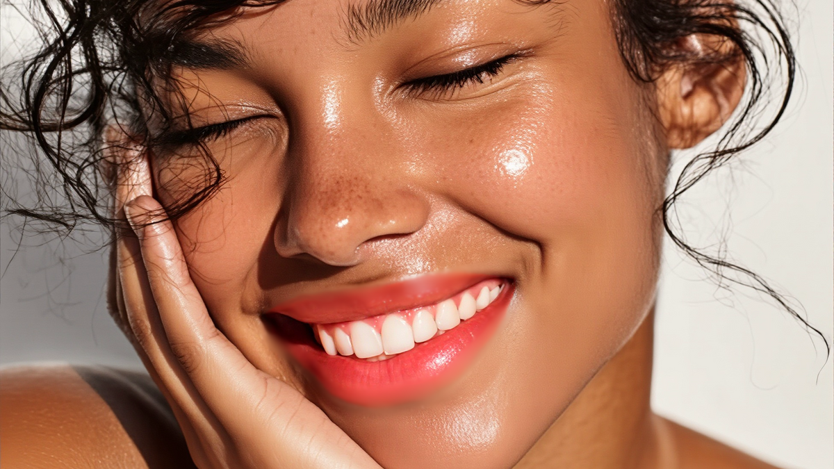 Close-up of a woman with a bright smile and closed eyes, with a neutral background.