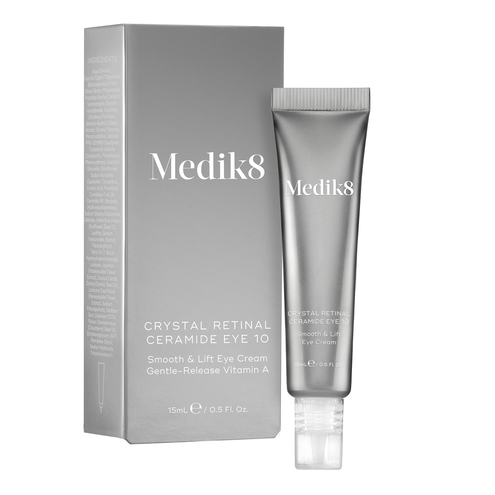 Mediik8 Crystal Retinal Ceramide Eye 6 eye cream tube and packaging on a white background