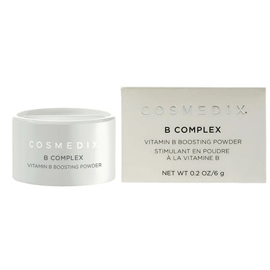 Cosmedix B Complex vitamin B boosting powder with packaging on a white background