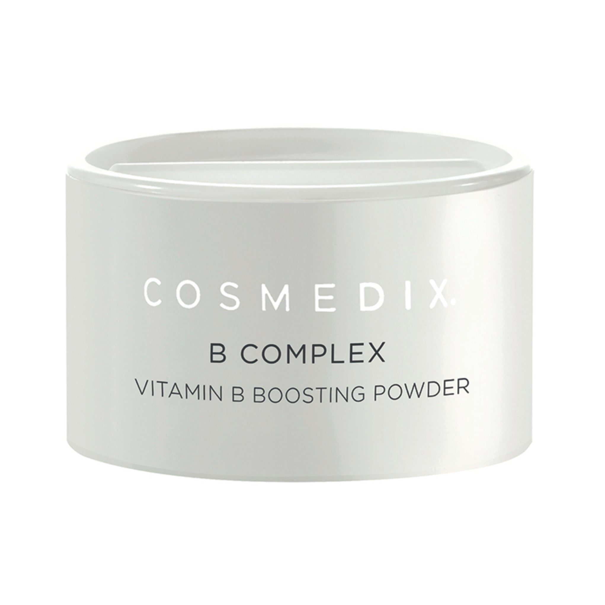 Cosmedix B Complex vitamin B boosting powder container available for shop at Atone Skin Clinic