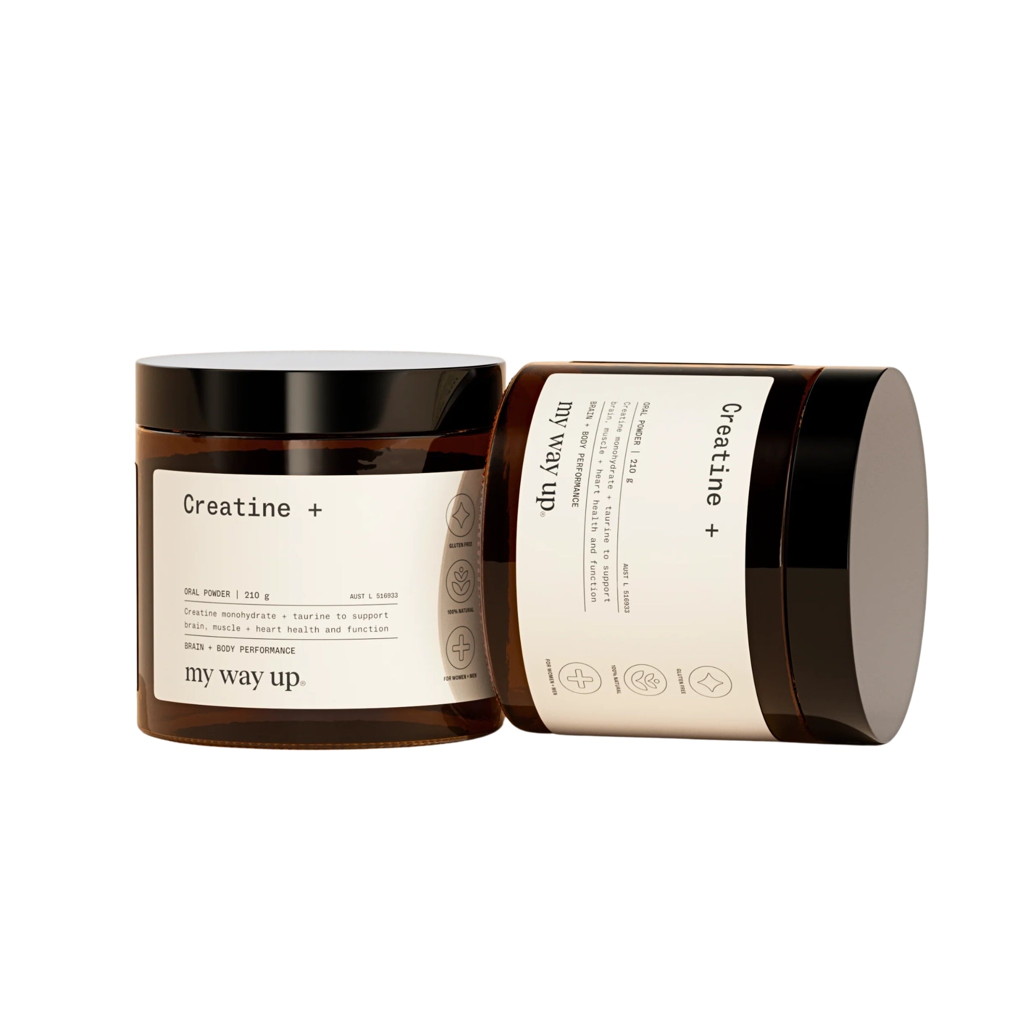 Two containers of 'Creatine + my way up' on a white background