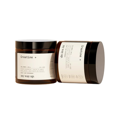 Two containers of 'Creatine + my way up' on a white background