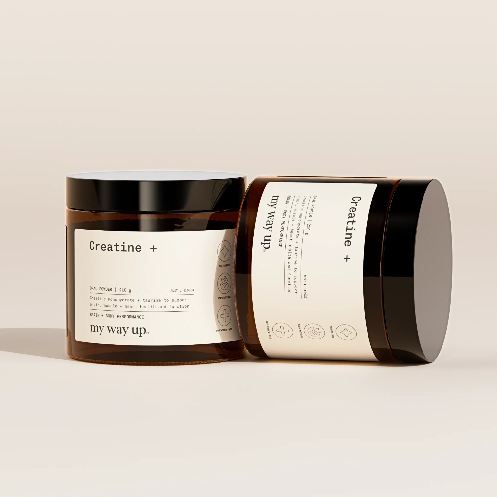 Two jars of 'Creatine + my way up' on a beige background