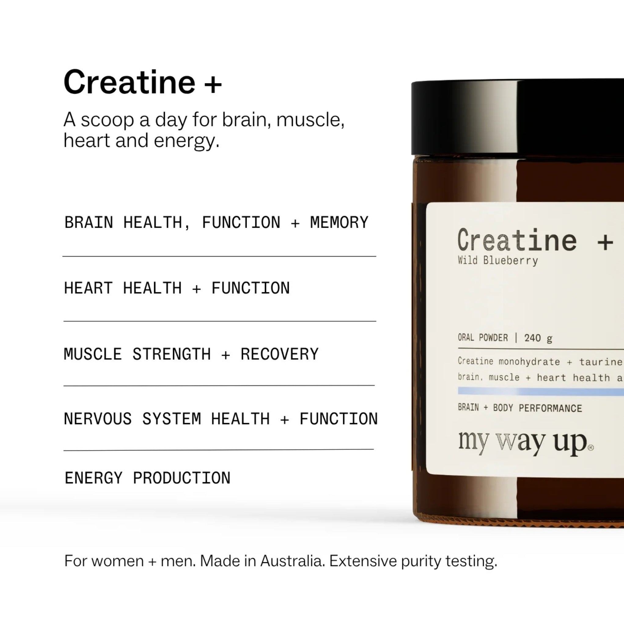 Creatine supplement container with label and text about health benefits on a white background
