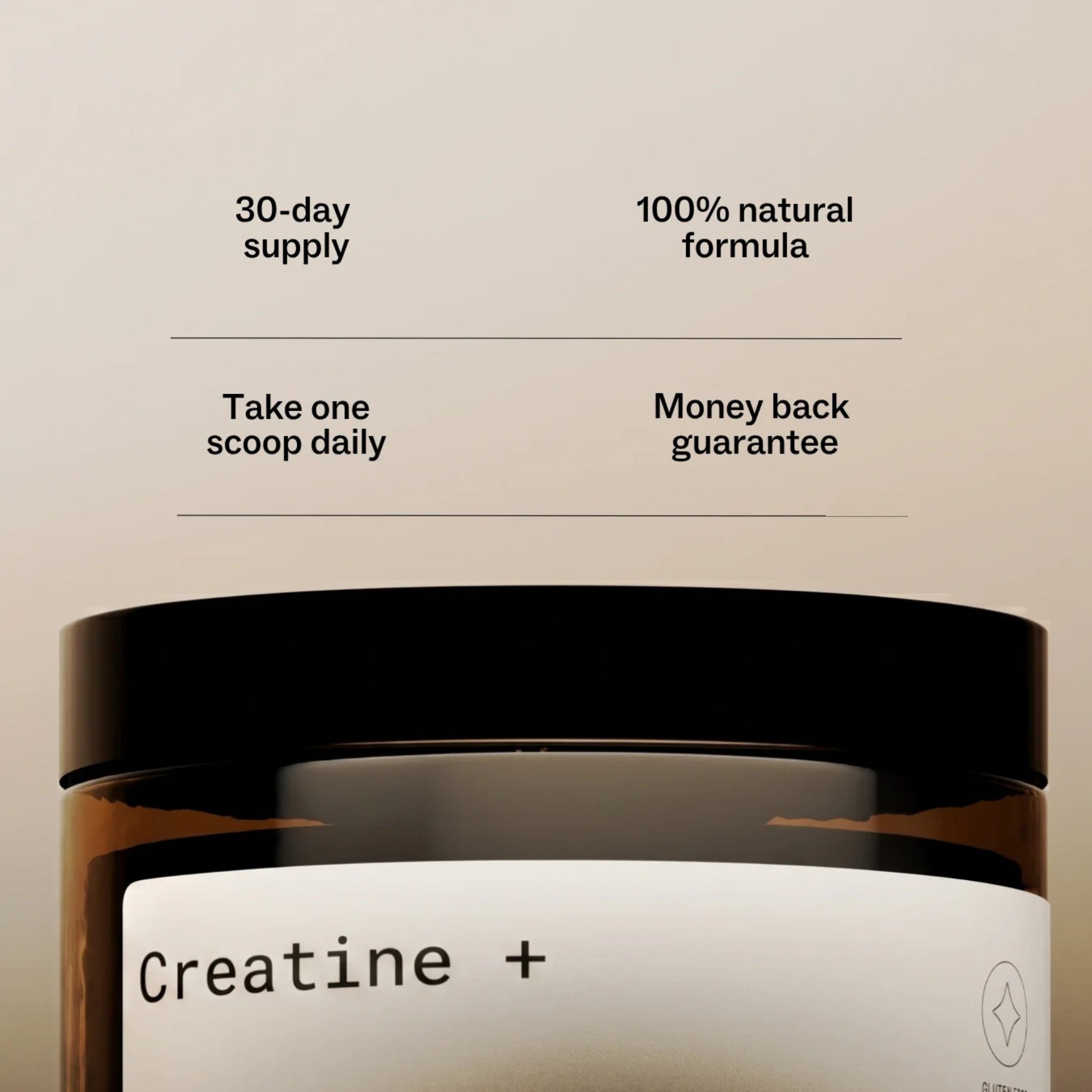 Jar of Creatine + with product details on a beige background