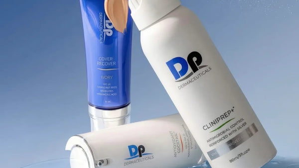 Two skincare products with visible branding on a reflective surface and blue gradient background