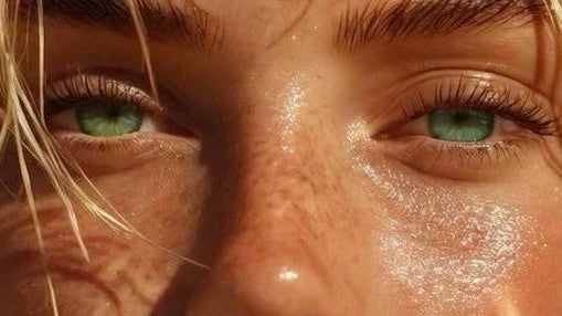 Close-up of a person with sun-kissed skin and green eyes.