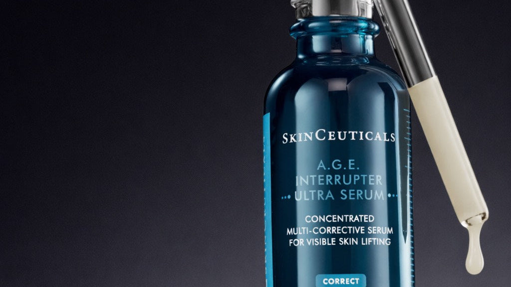 SkinCeuticals serum bottle with dropper on a dark background