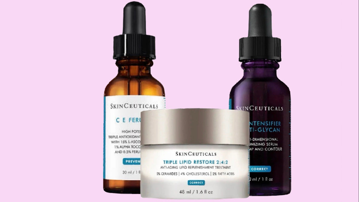 Three skincare products from SkinCeuticals on a light purple background