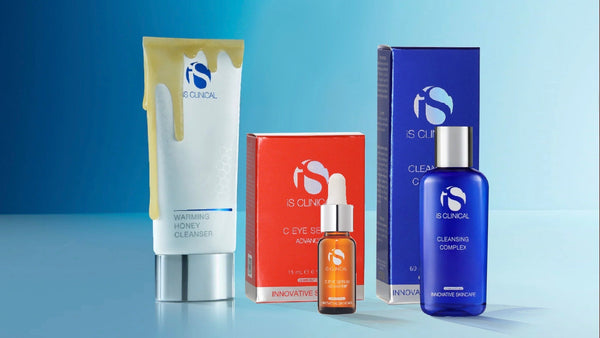 Collection of skincare products with a blue background